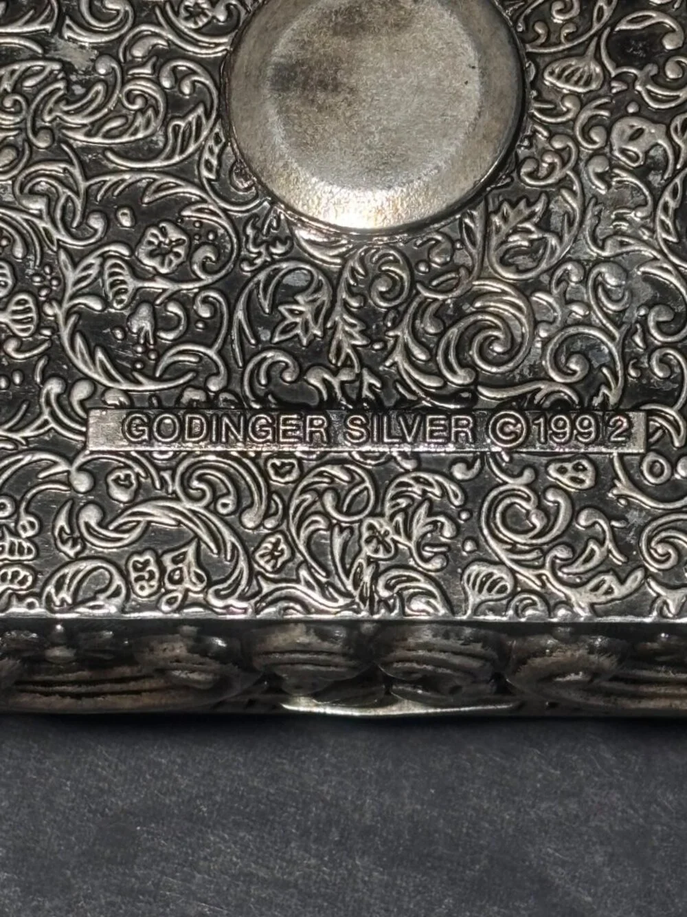 Godinger Silver 1992 Silverplate Jewelry Box Embossed Floral Vintage Decor